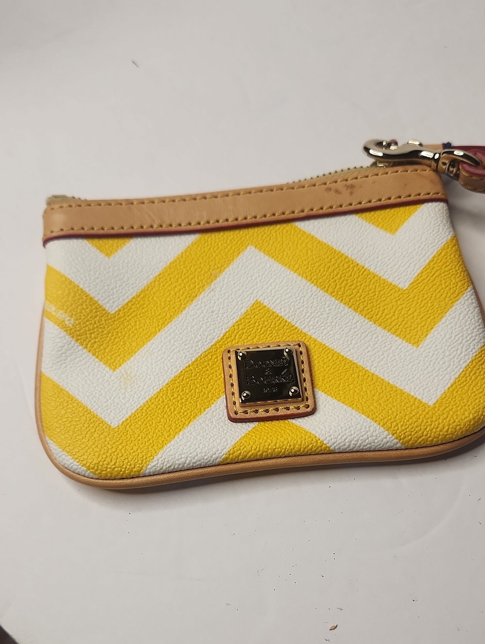Dooney & Bourke Yellow and White Chevron Wristlet with Leather Trim Nwt